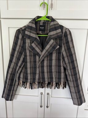 Oat New York Black, tan, and Gray Plaid Fringe Hem Cropped Blazer
